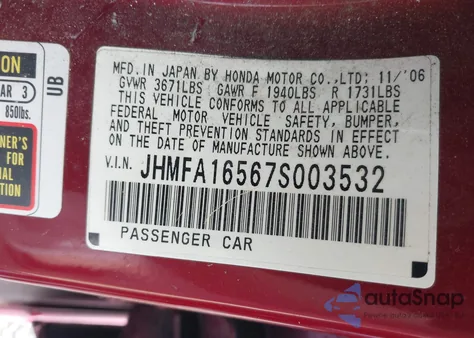 2007 Honda Civic Lx из США, поврежденный, VIN JHMFA16567S003532
